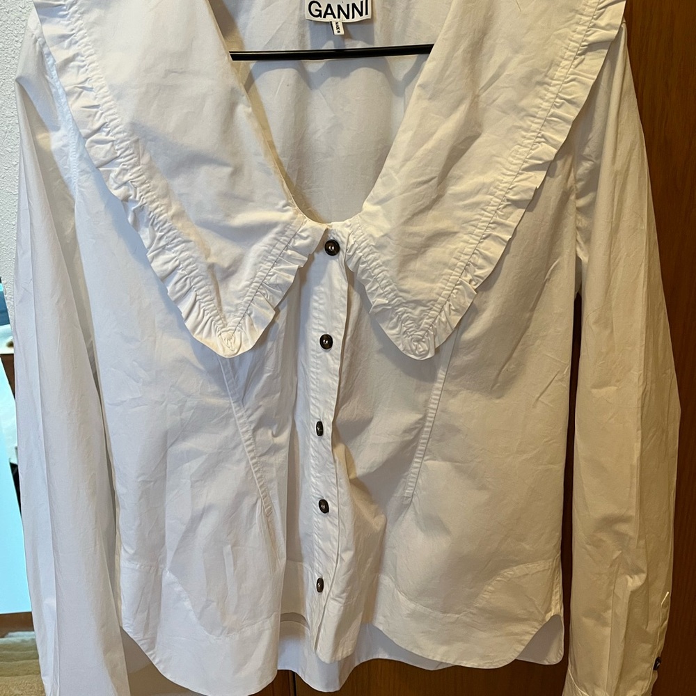 GANNI Cotton Poplin Pilgrim Collar White Button-Up Women's Top